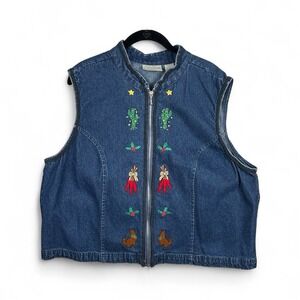 Khaki Rose Womens Christmas Western Blue Denim Vest Plus Size 2X Embroidered Dog